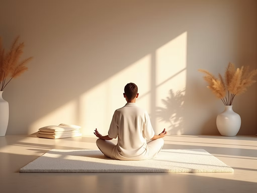 A person meditating cross-legged on a mat in a calm, sunlit room
