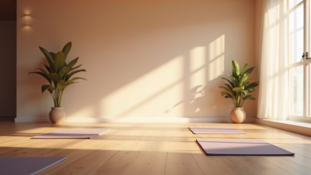 A calm, sunlit studio with yoga mats and plants