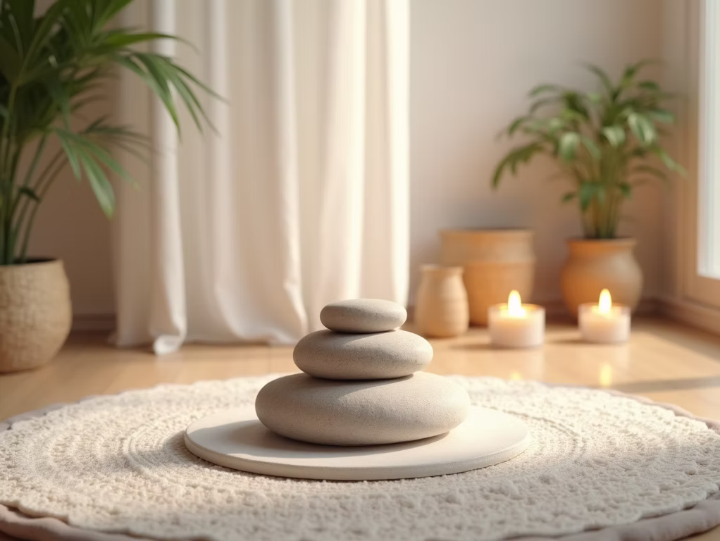 Stacked stones on a soft rug with plants and candles